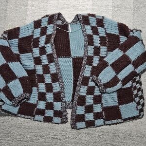 Free People Blue and Brown Checkered Heavy Knit Cardigan